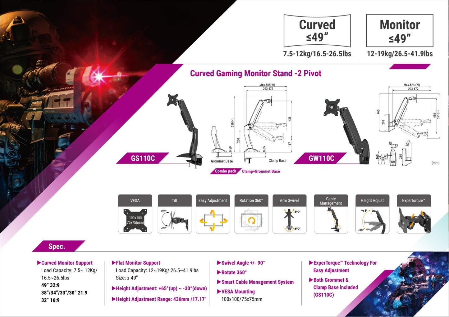 AAVARA GS110C CLAMP/GROMMET STANDING SINGLE MONITOR STAND
